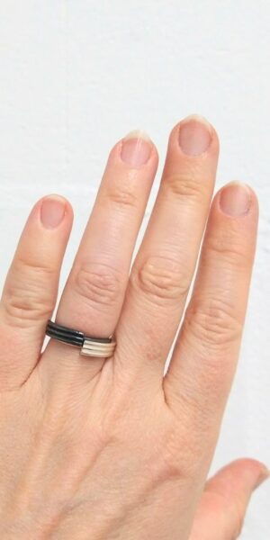 Mini Silver Stripes Ribbed Rings by Essemgé - 2 rings stacked for a 2 tone dark / shiny look