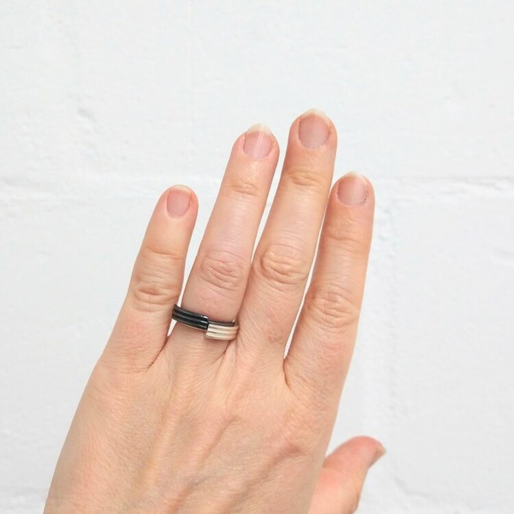 Mini Silver Stripes Ribbed Rings by Essemgé - 2 rings stacked for a 2 tone dark / shiny look