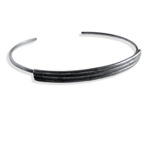 Striped Ribbed Open Bangle - Oxidised - from the Breton Stripes capsule range within the signature Spring Coil collection - 3 stripes in solid sterling silver