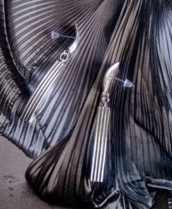 Silver Stripes Cocktail Earrings by Essemgé - against pleated metallic cocktail dressd