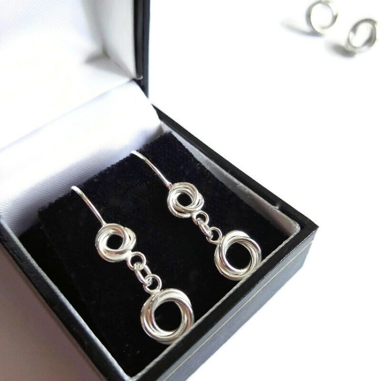 Silver Modern Rose Dangle Earrings by Essemgé - in shiny silver, presented in gift box