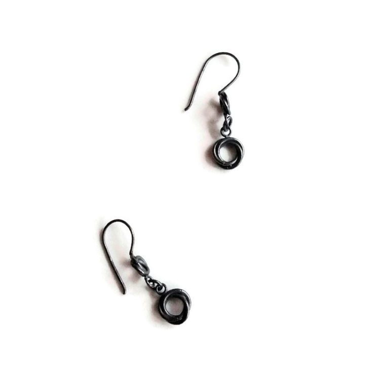 Silver Modern Rose Dangle Earrings by Essemgé - in oxidised silver against a white background