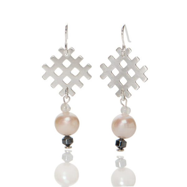 Grid and Pearl Dangle Earrings - sterling silver , pearls and natural stones - on hooks