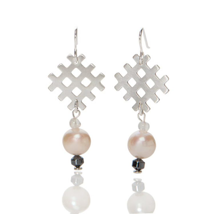 Grid and Pearl Dangle Earrings - sterling silver , pearls and natural stones - on hooks