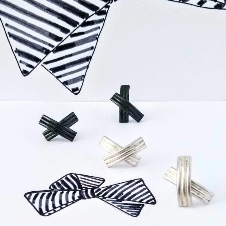 Silver Striped Bow Stud Earrings by Essemgé - 2 pairs of silver studs, shiny and dark