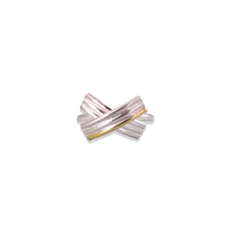 Gold and Silver Striped Bow Ring - seen from the front - on white background