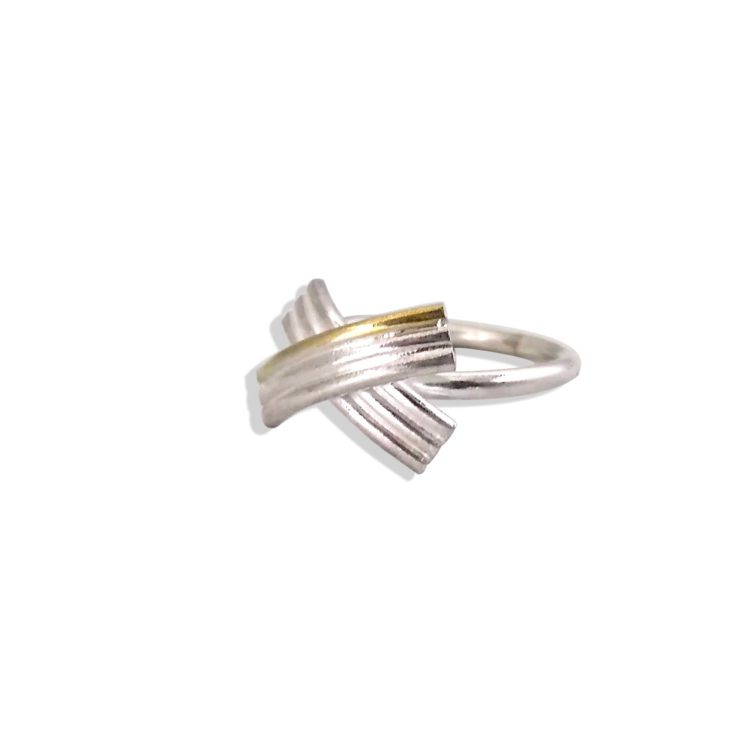Gold and Silver Striped Bow Ring - seen from the side - on white background