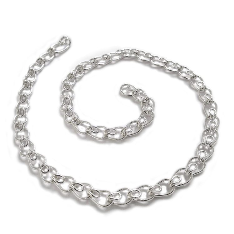 Leaves chain necklace - silver necklace shown open and in a swirl - on white background