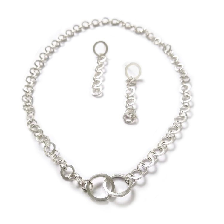 Nought Chain Necklace and Maching Dangle Earrings - silver necklace and dangle earrings set on white background