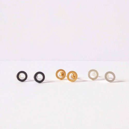 Nought Stud Earrings collection - oxidised silver, 18k yellow gold, shiny silver - on white background