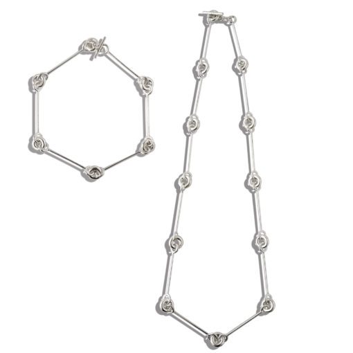 Mini Torus Chain Necklace and Bracelet Set - Silver - Flat Layout on White Background