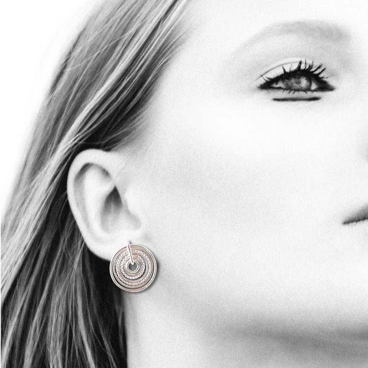 Infinity collection by Essemgé - Silver-Semainier-Stud Earrings---on-model - black and white photo