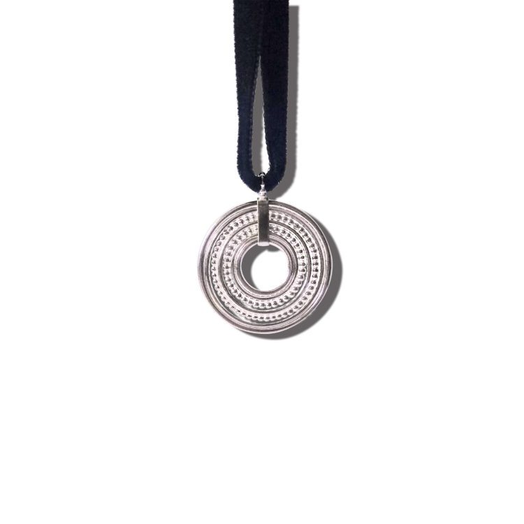 Silver Semainier Pendant Necklace on black velvet ribbon
