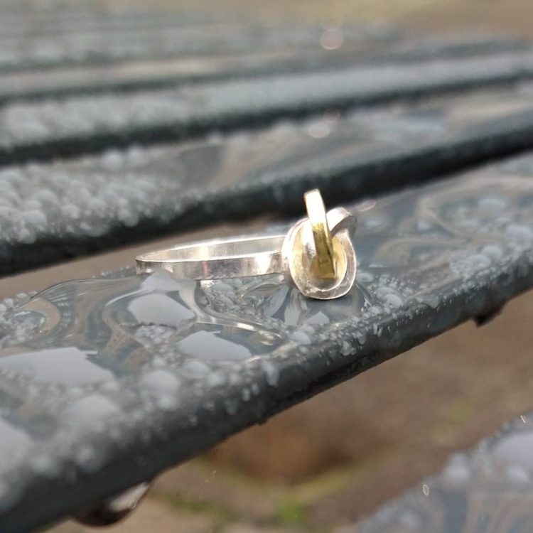 Gold & Silver Graphic Rose Ring - side view 1 -on wet bench