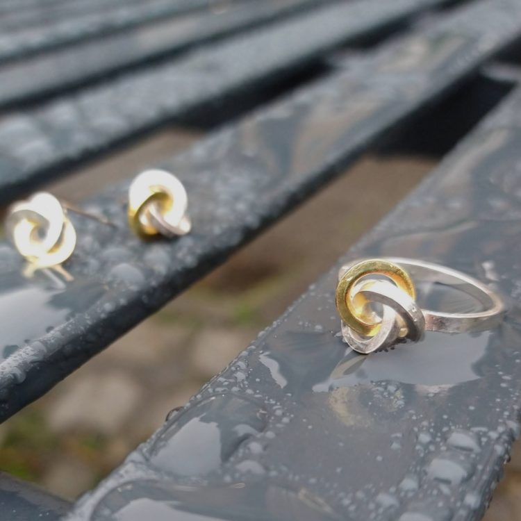 Gold & Silver Graphic Rose Ring and matching stud earrings - on wet bench