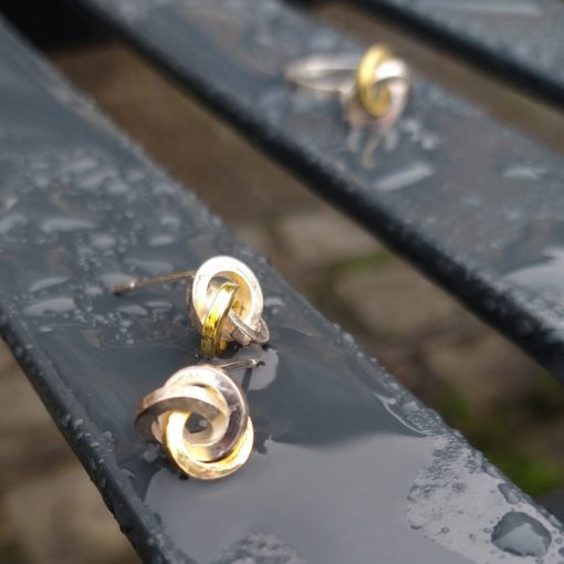 Gold & Silver Graphic Rose Stud Earrings and matching ring - on wet bench