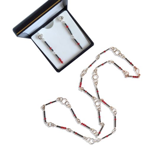 Graphic Rose Cocktail Earrings & Necklace - Silver, Hematite and Carnelian - earrings presented in a box, necklace folded - on white background