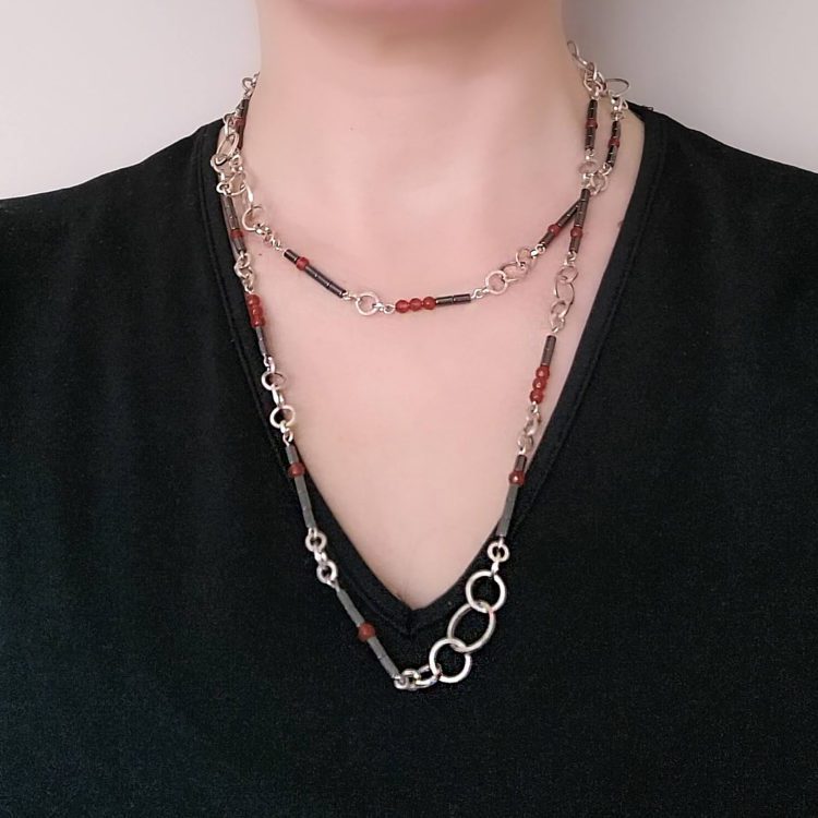 Nought Chain Sautoir - Silver, Hematite, Carnelian - worn wrapped twice around the neck with one strand short and one longer