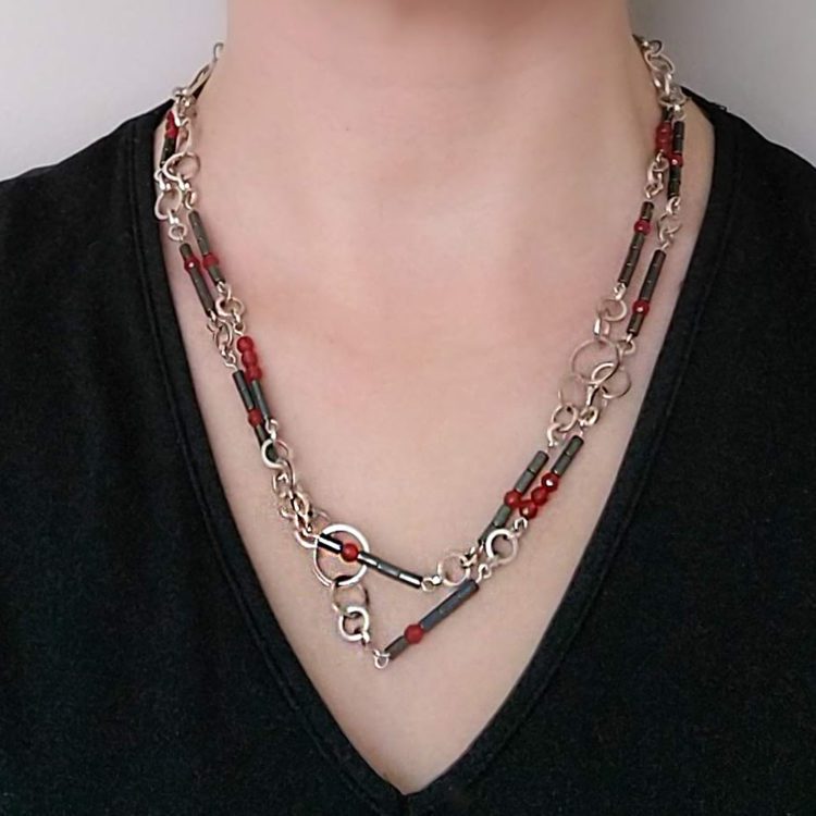 Nought Chain Sautoir - Silver, Hematite, Carnelian - worn wrapped twice with the 2 strands of similar length