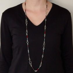 Nought Chain Sautoir - Silver, Hematite, Carnelian - worn in its full length
