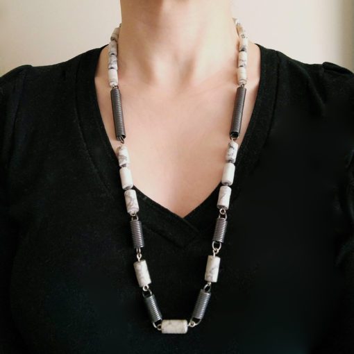 Black & White Spring Coil Opera Necklace-Silver & Howlite-on model