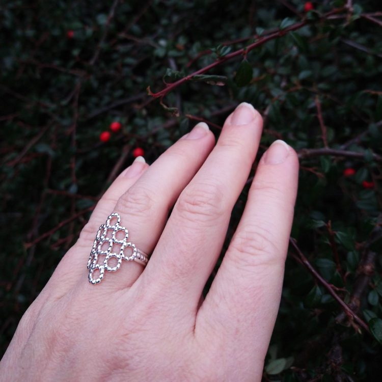 Silver Beaded Quatrefoil Ring - shown worn for scale
