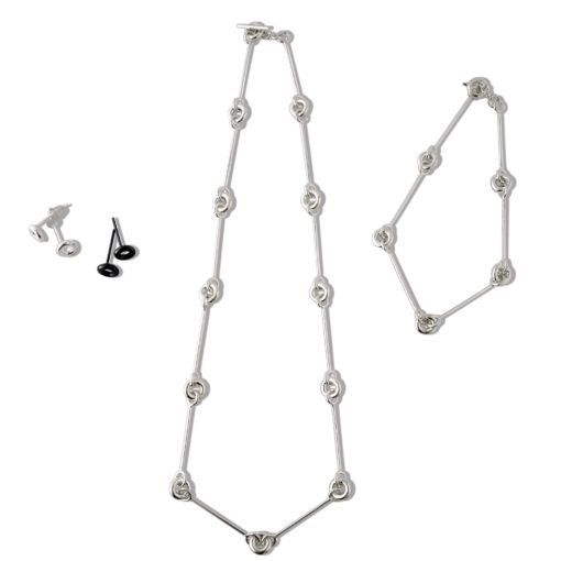 Mini Torus collection - silver chain necklace, bracelet and stud earrings - flat layout on white background
