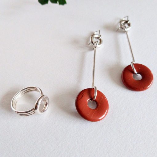 Special Christmas Jewellery Set by Essemgé - Torus Cocktail Earrings and Ring Set - Silver and Red Jasper - on white background