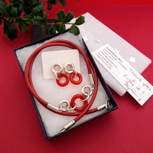 Christmas Special Gift Set - Carnelian Torus Earrings and Necklace by Essemgé - in box on red background