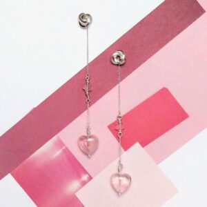 Long Rose Quartz 2-Part Earrings by Essemgé - on pink and white background