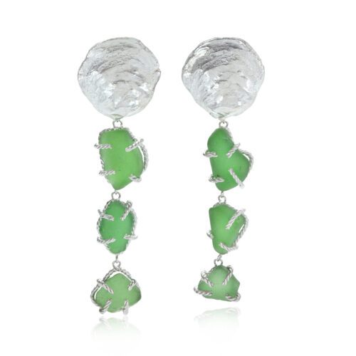 Naiade Long Cocktail Earrings by Essemgé - silver and green sea glass drop earrings on white background