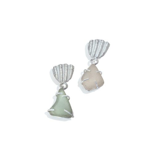 Sea Breeze Dangle Earrings by Essemgé - mismatched dangle earrings made in silver and sea glass (green and snow white)