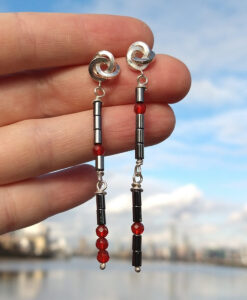 Graphic Rose Cocktail Earrings - Hematite & Carnelian - by Essemge