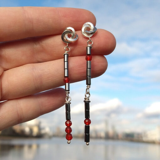 Graphic Rose Cocktail Earrings - Hematite & Carnelian - by Essemge