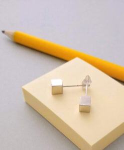 Silver Cube Stud Earrings by Essemgé - MINI size - on yellow background