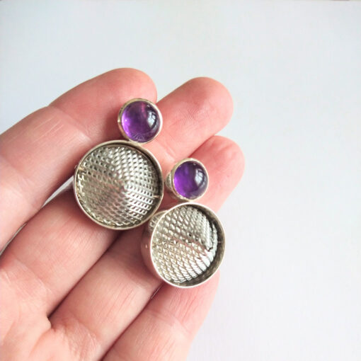 Mesh and Amethyst Cocktail Earrings by Essemgé - on palm of hand for scale
