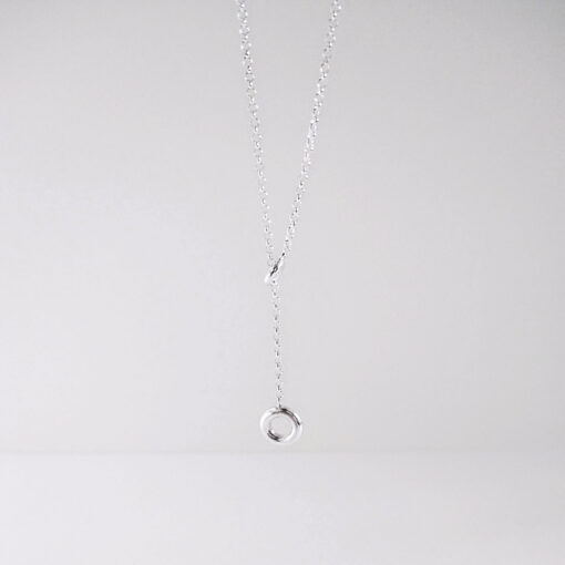 Silver Torus Lariat Necklace by Essemgé - Adjustable Y Necklace on white background
