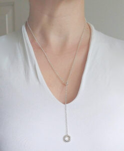 Silver Torus Lariat Necklace by Essemgé on model - Adjustable Y Necklace