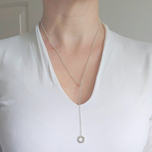 Silver Torus Lariat Necklace by Essemgé on model - Adjustable Y Necklace