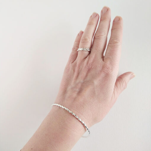 Silver Twisted Square Bangle and stacking rings set by Essemgé