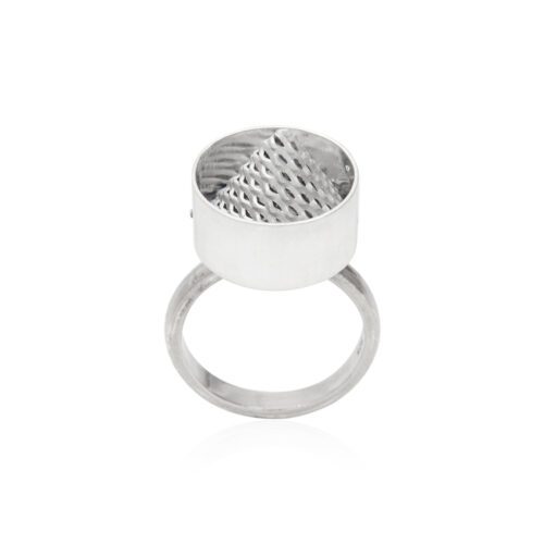 Mesh Cone Ring by Essemgé - silver ring on white background