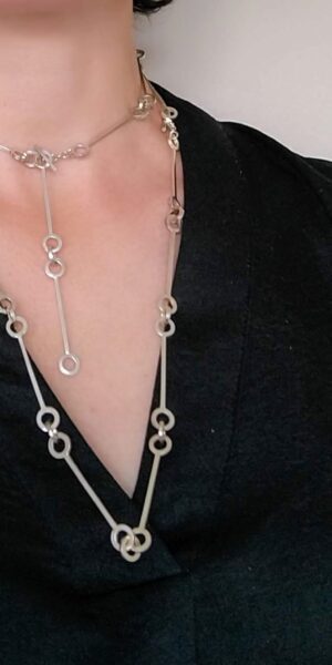 Silver Nought Adjustable Bar Link Necklace by Essemgé - silver handforged transformable necklace , styled on model