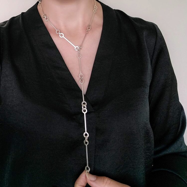 Silver Nought Adjustable Bar Link Necklace by Essemgé - silver handforged transformable necklace , styled on model