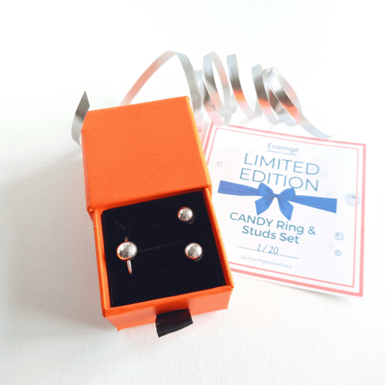 Exclusive Candy Ring and Studs Set by Essemgé- silver ring and studs in colourful gift box